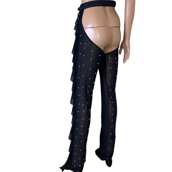 Pant's wide leg side ruffle semi sheer black dance costume COS Play dress up MD - Picture 3 of 9